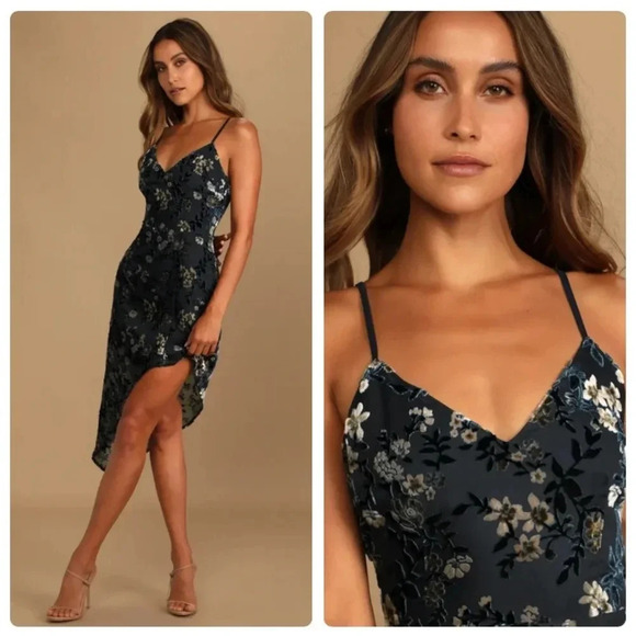 Lulus Evenings with You Dark Teal Floral Velvet Asymmetrical Dress - Picture 2 of 16